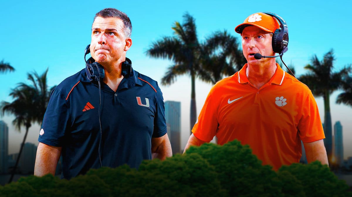 Miami Hurricanes coach Mario Cristobal, Clemson head coach Dabo Swinney with Miami background