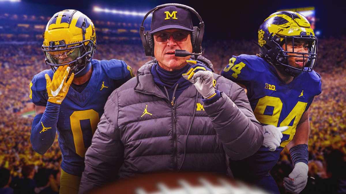 Michigan football, Wolverines, Jim Harbaugh, Mike Sainristil, Kris Jenkins, Jim Harbaugh, Mike Sainristil and Kris Jenkins with Michigan football stadium in the background