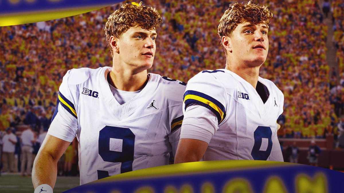 Michigan football, Wolverines, JJ McCarthy, Jim Harbaugh, Michigan football investigation, JJ McCarthy with Michigan football stadium in the background