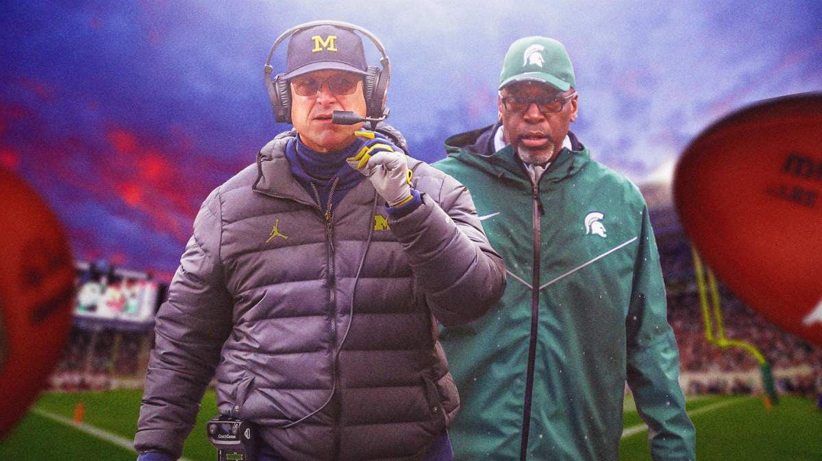 Michigan football, Michigan State football, Spartans, Wolverines, Michigan football investigation, Jim Harbaugh and Harlon Barnett with Michigan State football stadium in the background