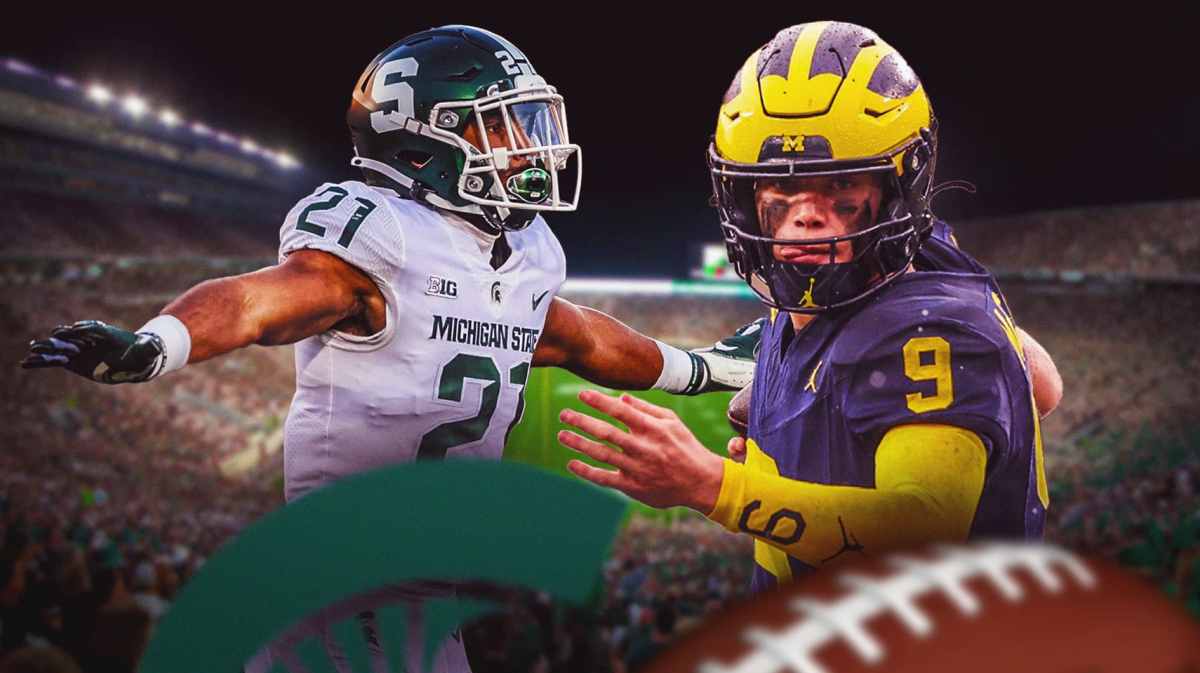 Michigan football, Michigan State football, Wolverines, Spartans, Dillon Tatum, Dillon Tatum in Michigan State uni and JJ McCarthy in Michigan uni with Michigan State football stadium in the background