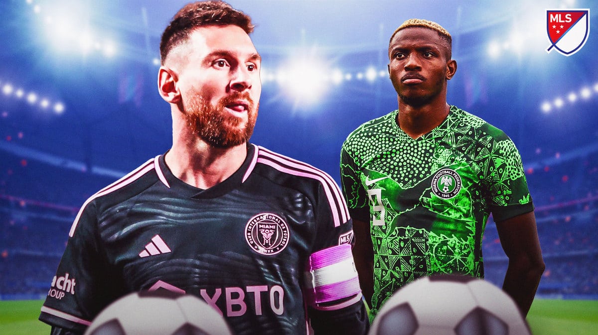 Victor Osimhen looking at Lionel Messi in front of the MLS logo
