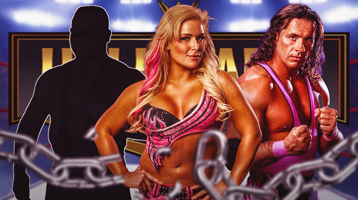 WWE’s Natalya in the middle with Bret Hart on her right and the blacked-out silhouette of Jim Neidhart on her left with the WWE Hall of Fame logo as the background.