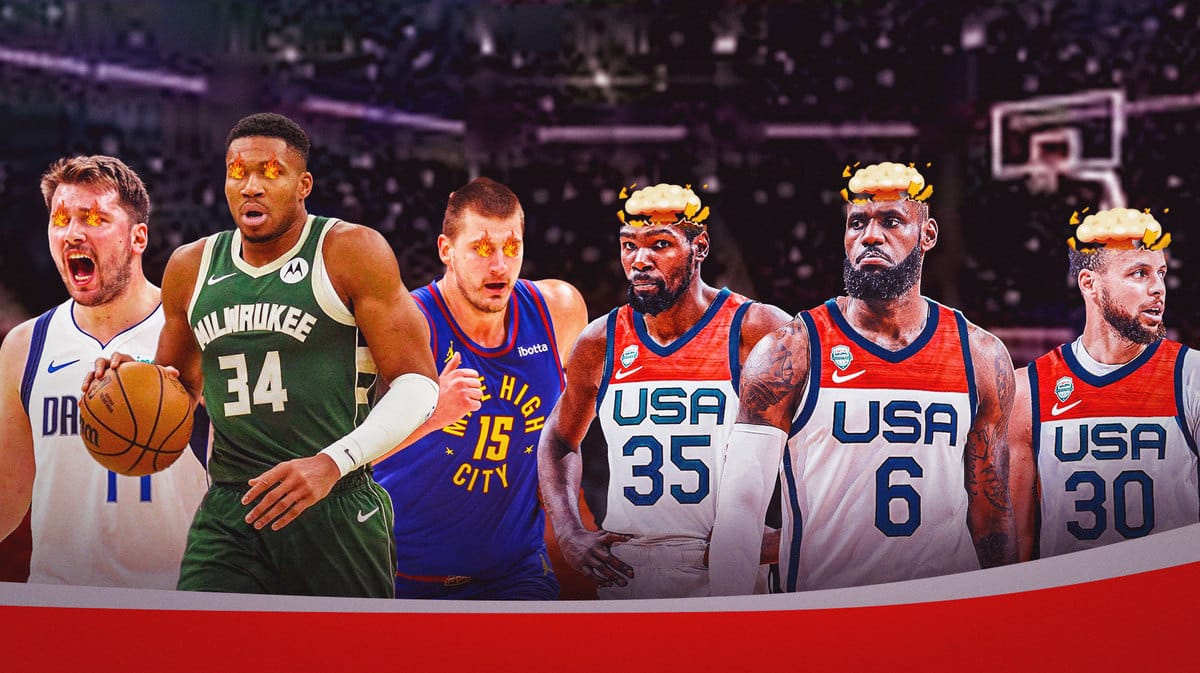 Luka Doncic, Giannis Antetokounmpo and Nikola Jokic on one side with fire in their eyes. On the other side, Stephen Curry, Kevin Durant and LeBron James with mind-blown heads