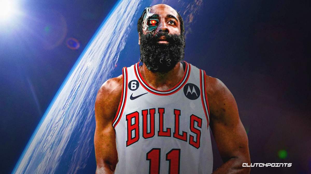 James Harden in a Bulls uniform looking like a cyborg