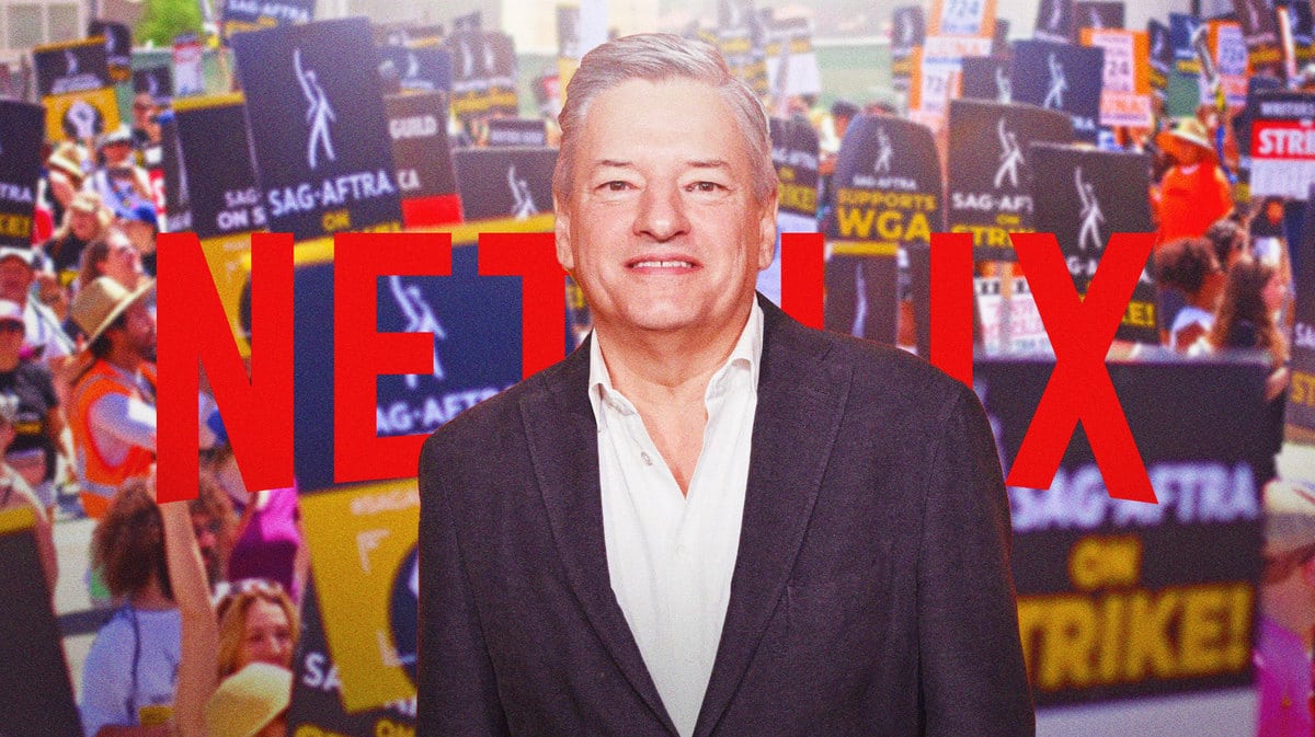 Netflix CEO Ted Sarandos with SAG-AFTRA protesters and a Netflix logo.