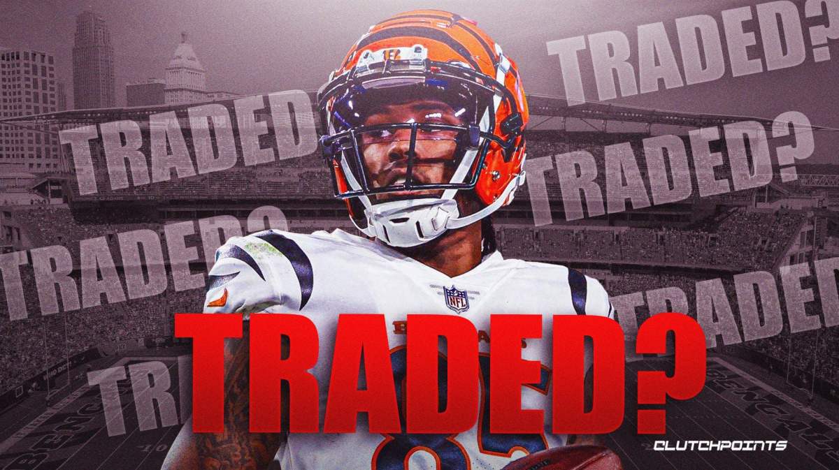 Tee Higgins in a Bengals jersey with a "Traded?" caption across the bottom
