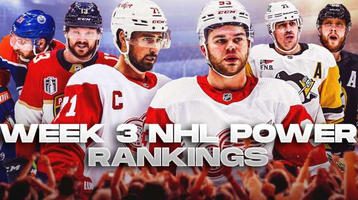Image: Alex DeBrincat and Dylan Larkin beside each other, Leon Draisaitl, Sam Reinhart, Evgeni Malkin and David Pastrnak in image with text: Week 3 NHL Power Rankings, hockey rink in background