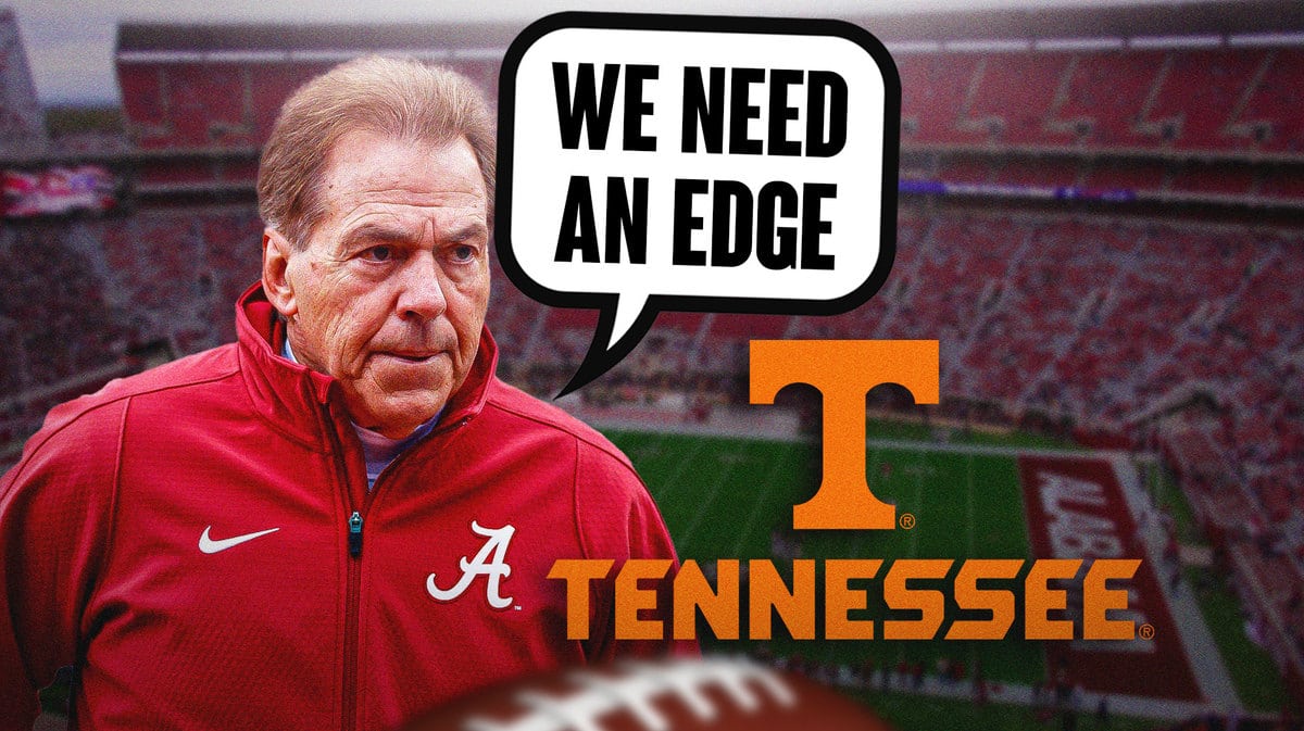 Nick Saban with a caption bubble saying “We need an edge” and a Tennessee football logo next to him
