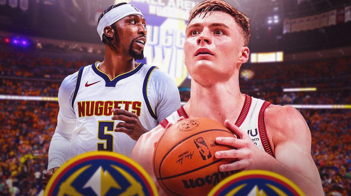 Christian Braun and Kenatvious Caldwell-Pope with Nuggets arena behind them