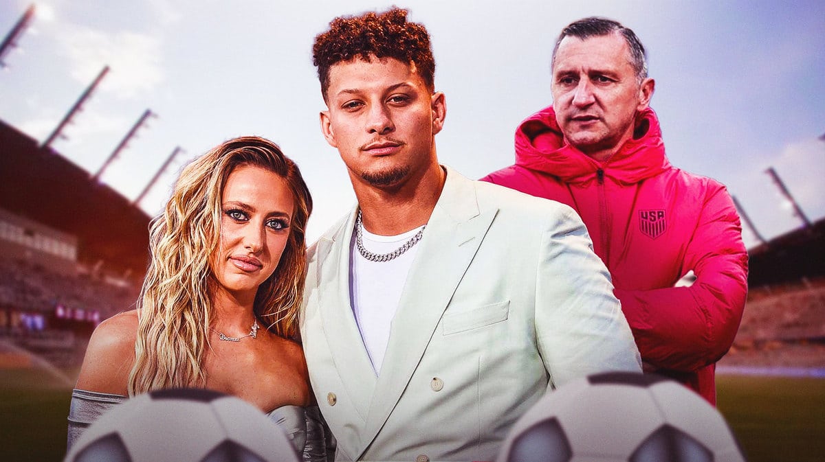 Andonovski on a soccer pitch with Patrick Mahomes on one side of him and Brittany on the other.