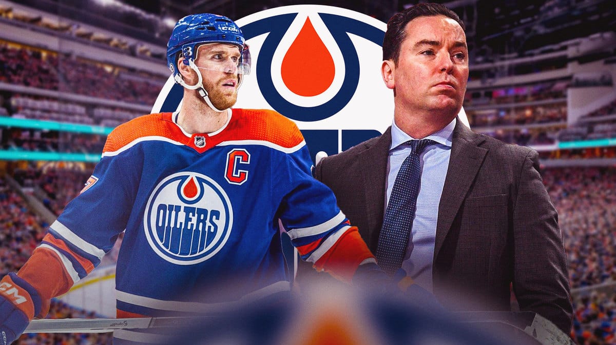 Edmonton Oilers superstar Connor McDavid next to Oilers head coach Jay Woodcroft with the Oilers logo and Rogers Place in the background.