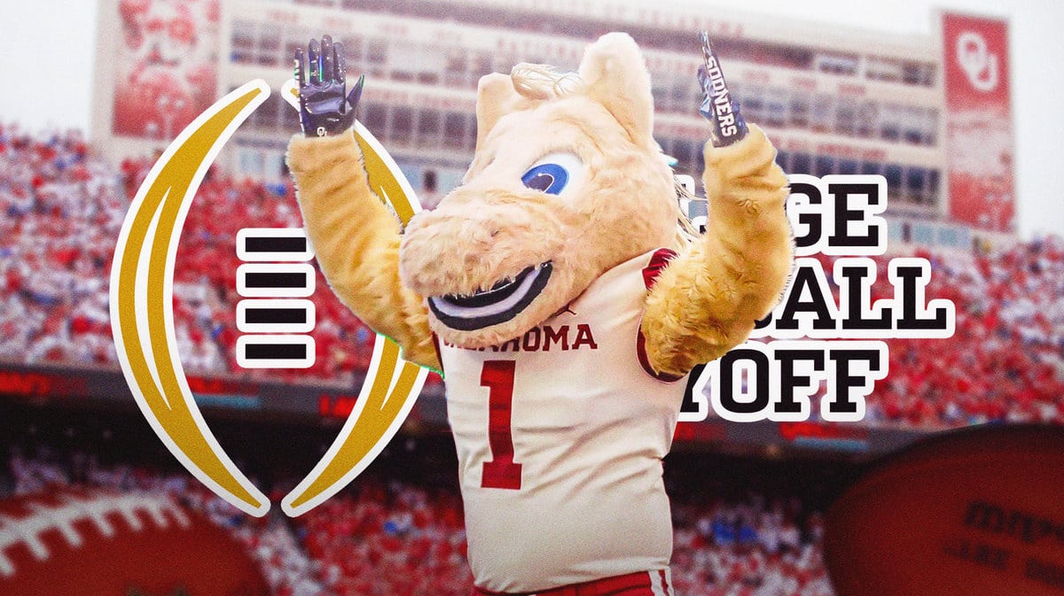 Oklahoma Sooners mascot in front of the College Football Playoff logo