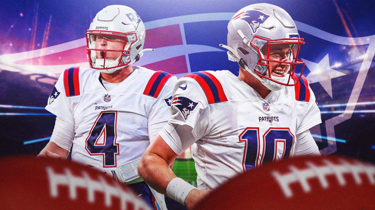 Mac Jones and Bailey Zappe with Patriots logo