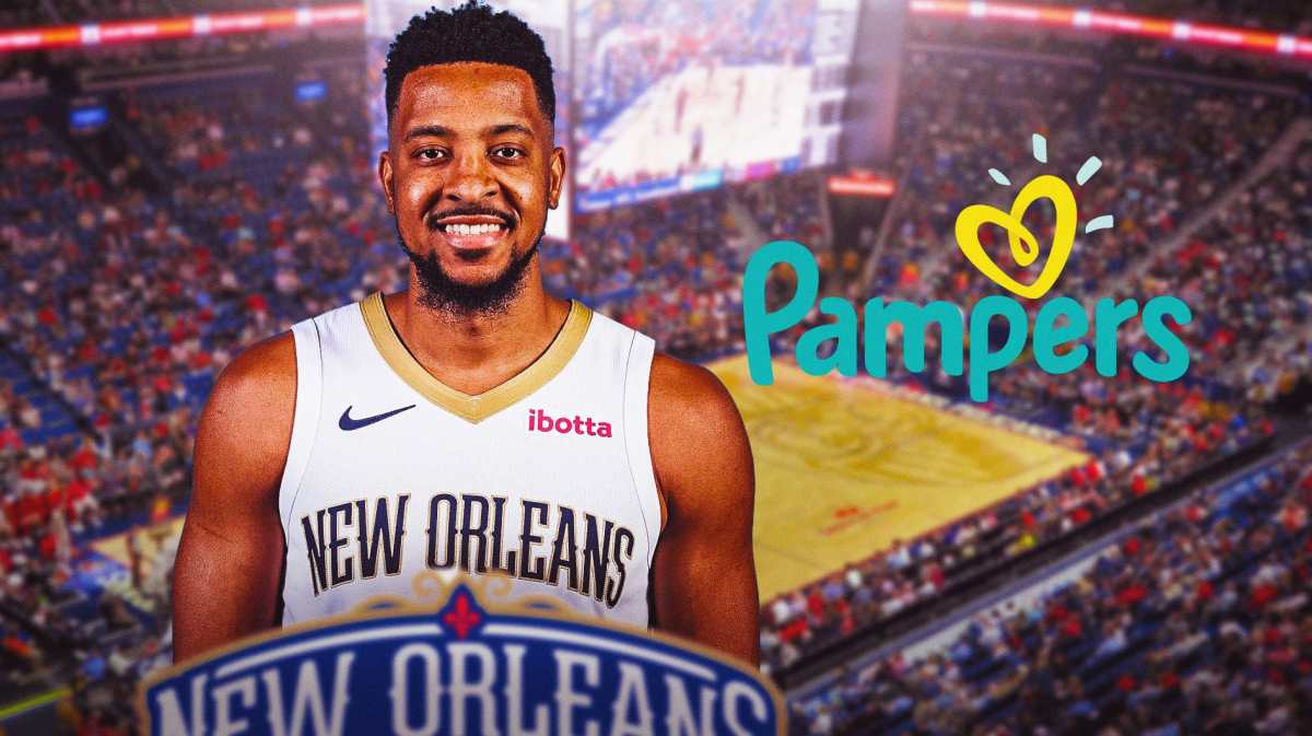 Pelicans' CJ McCollum smiling next to the Pampers diapers logo