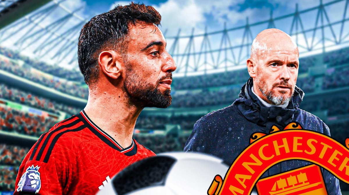 Bruno Fernandes looking at Erik ten Hag in front of the Manchester United logo
