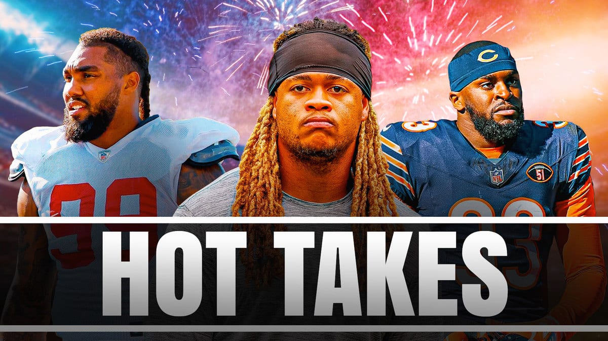 Chase Young, Jaylon Johnson, Leonard Williams all beside each other with fireworks in the background during the NFL trade deadline.