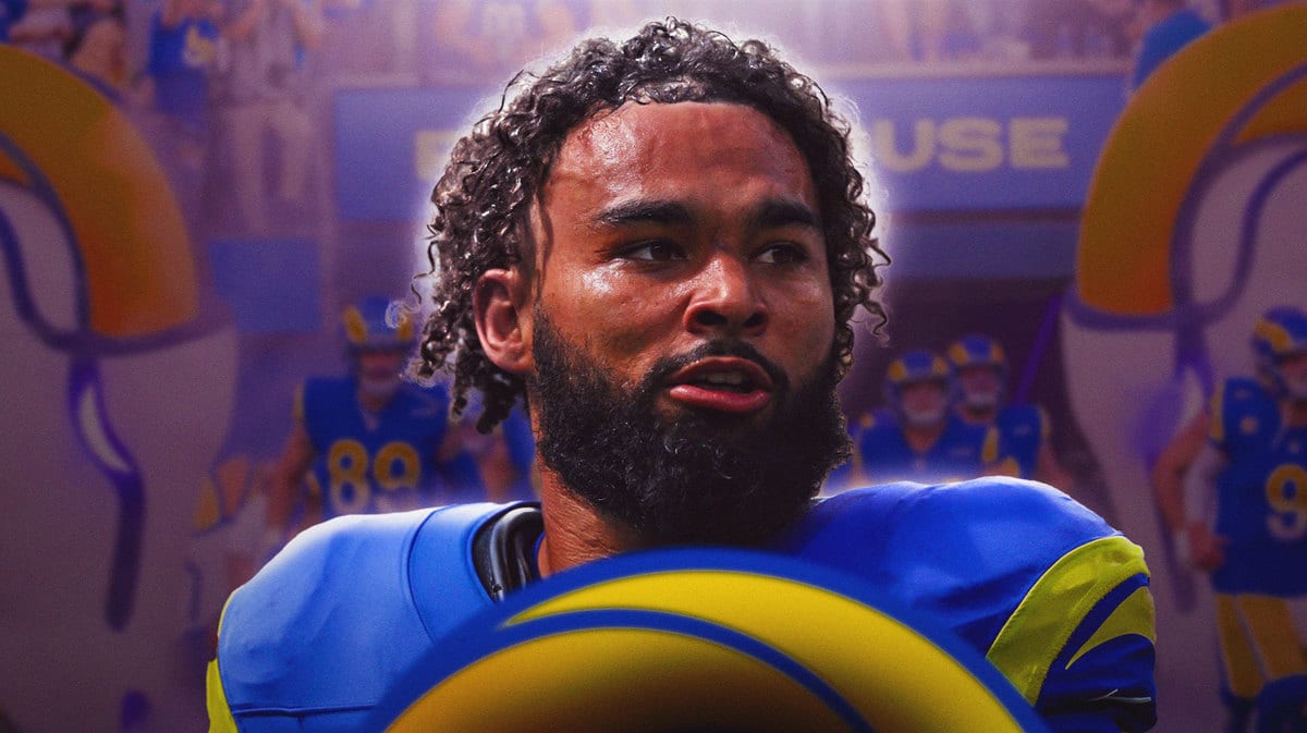 Rams Kyren Williams looking sad in front of SoFi Stadium background