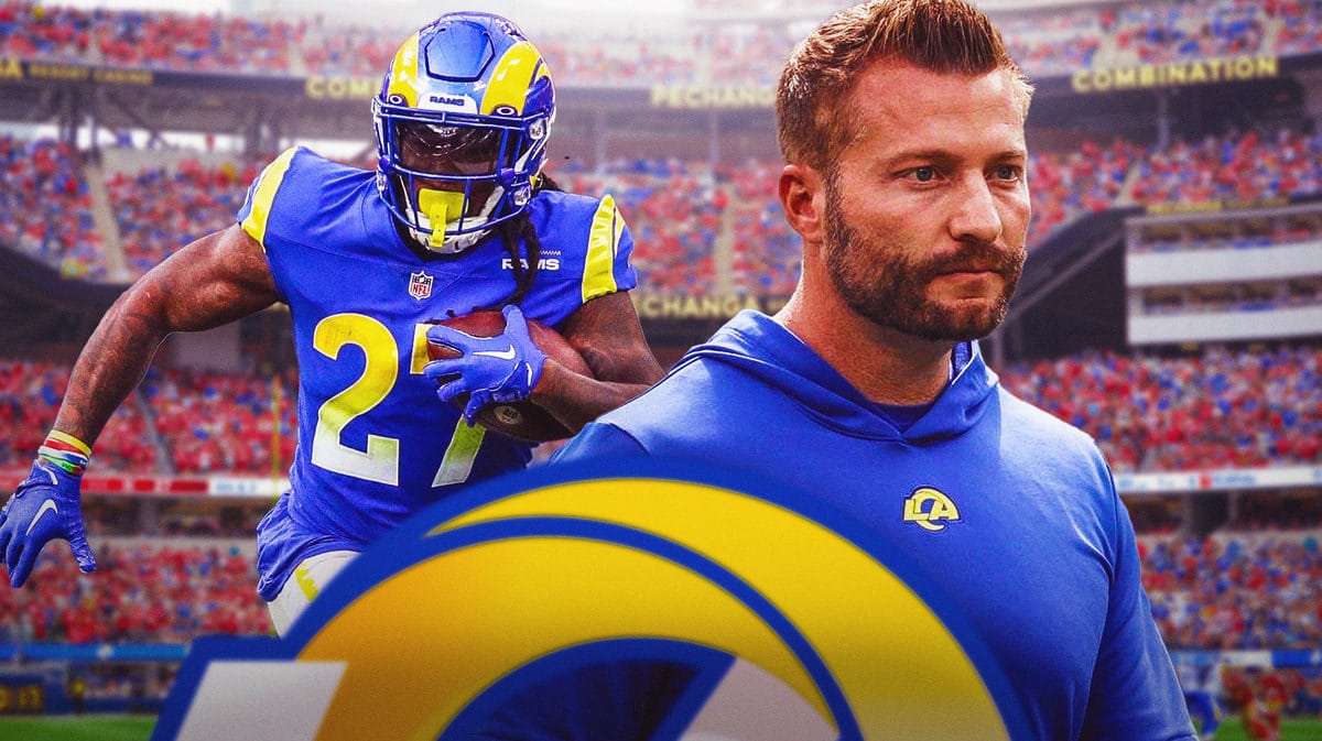 Rams head coach Sean McVay and running back Darrell Henderson Jr. in front of SoFi Stadium.