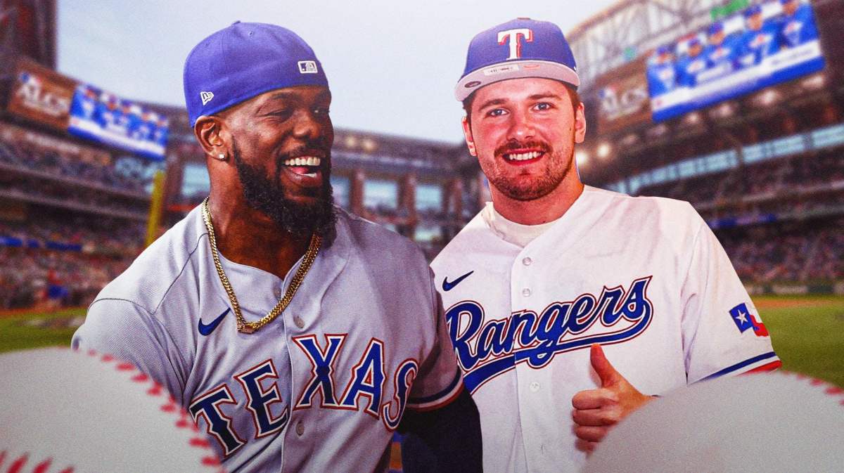 Luka Doncic in a Texas Rangers jersey, Adolis Garcia smiling next to him