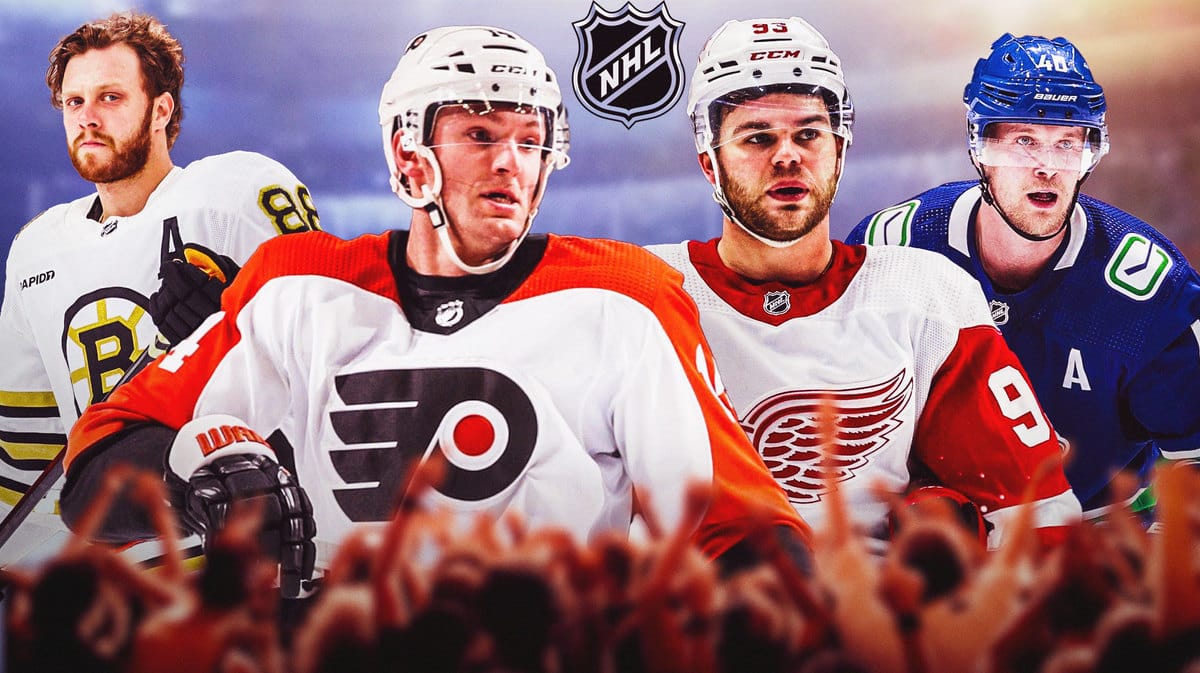 Sean Couturier, Alex DeBrincat, David Pastrnak, Elias Pettersson all in image, NHL logo, hockey rink in background