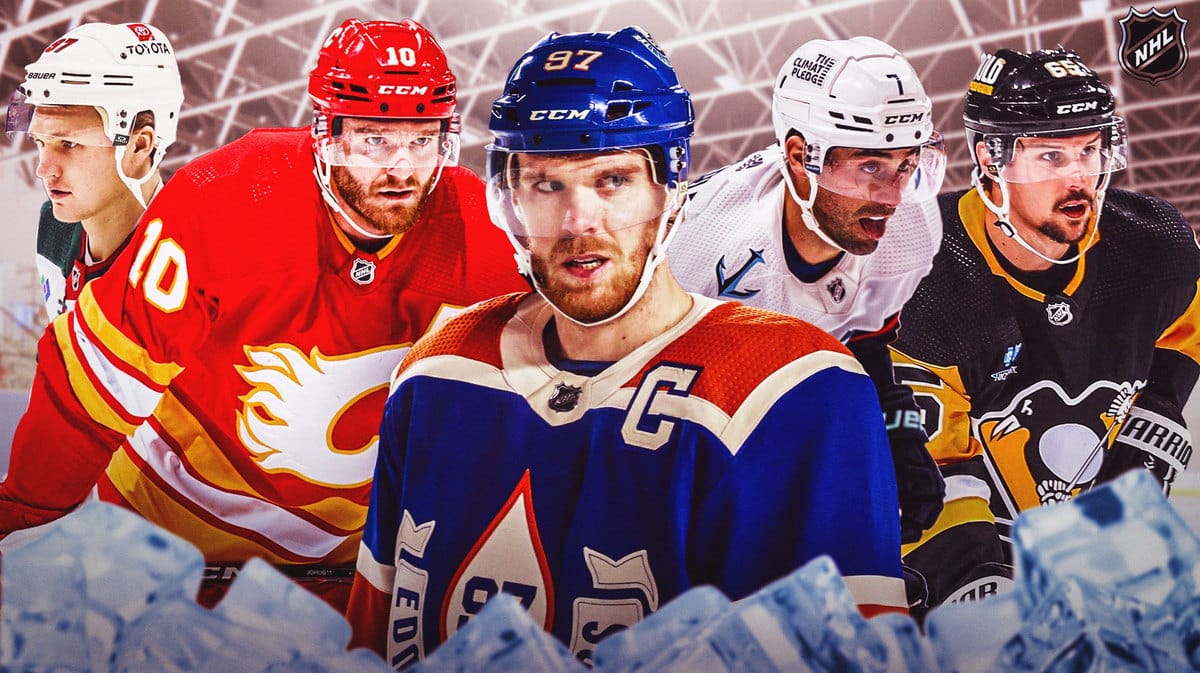 Connor McDavid, Jonathan Huberdeau, Jordan Eberle, Kirill Kaprizov and Erik Karlsson in image all looking stern, hockey rink in background, NHL logo