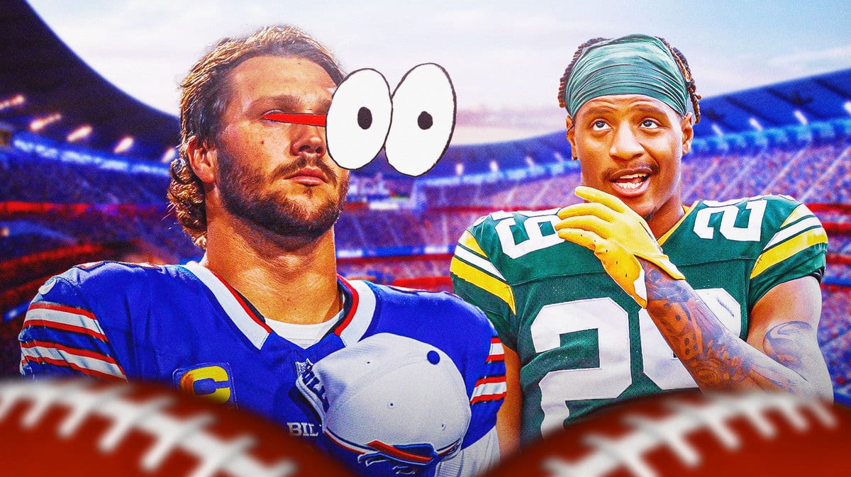 Josh Allen, Bills QB with bulging cartoon eyes and then have Packers DB Rasul Douglas