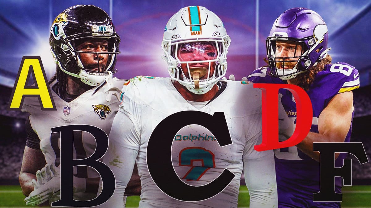 Bradley Chubb Dolphins, Calvin Ridley Jags, TJ Hockenson Vikings. Letters A, B, C, D, F on the graphic.