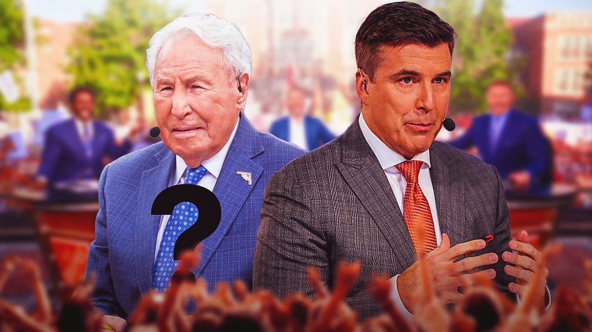 Photo: Race Davis speaking on college football panel, with the whole crew there while there’s a blank space on Lee Corso’s seat with a question mark