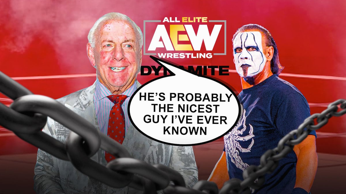 Ric Flair with a text bubble reading “He’s probably the nicest guy I’ve ever known” next to Sting with the AEW Dynamite logo as the background.