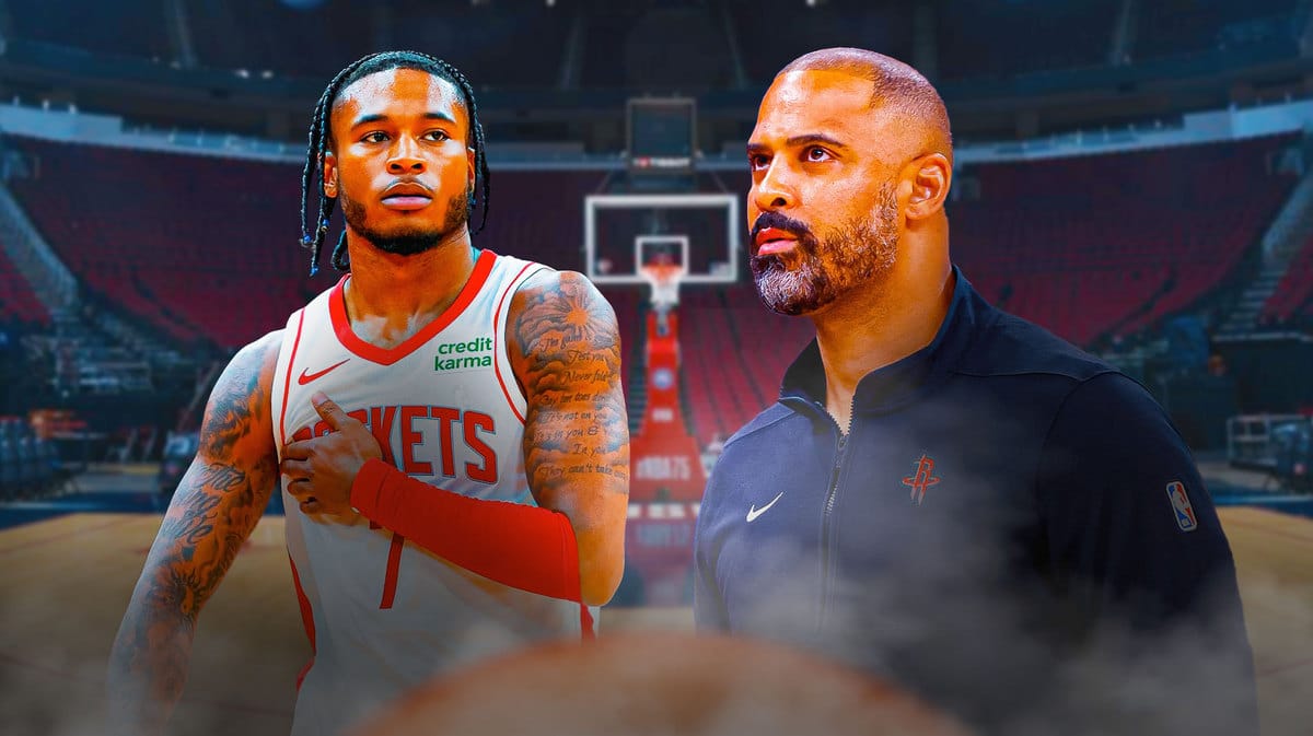 Cam Whitmore looking anxious/eager to play minutes and Ime Udoka over his shoulder. The background can be the Rockets basketball court.