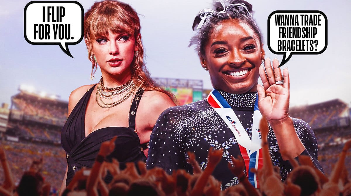 Simone Biles and Taylor Swift in front of Lambeau Stadium
