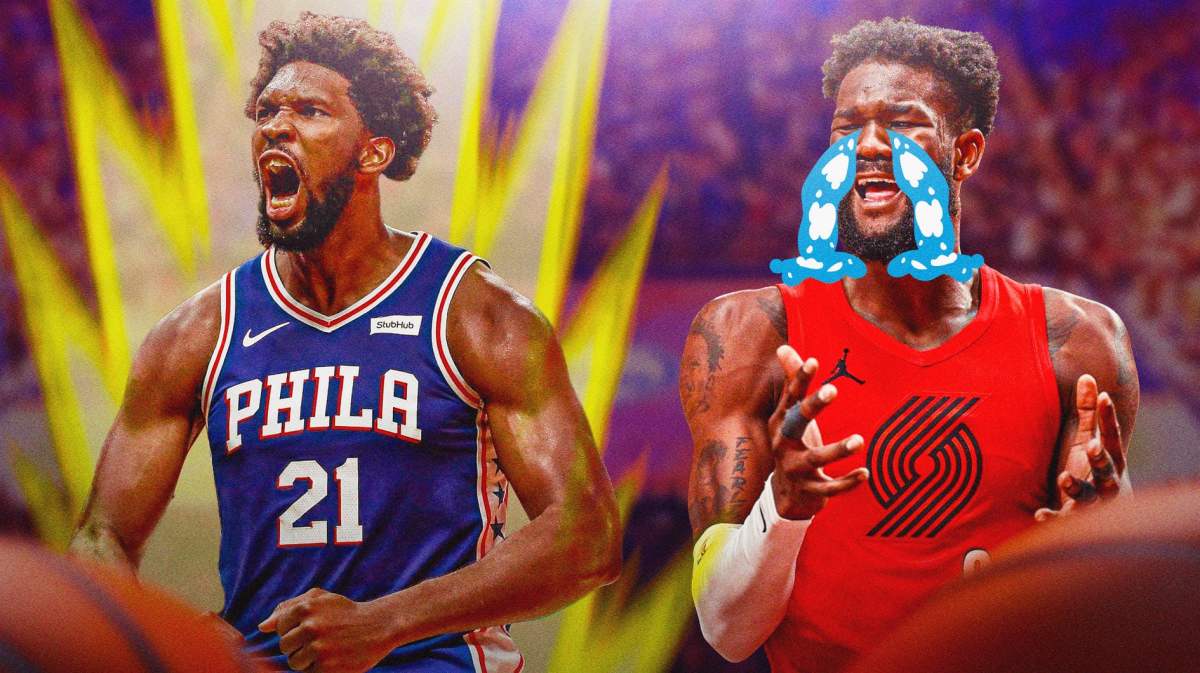 Sixers star Joel Embiid going Super Saiyan as Blazers' Deandre Ayton cries next to him