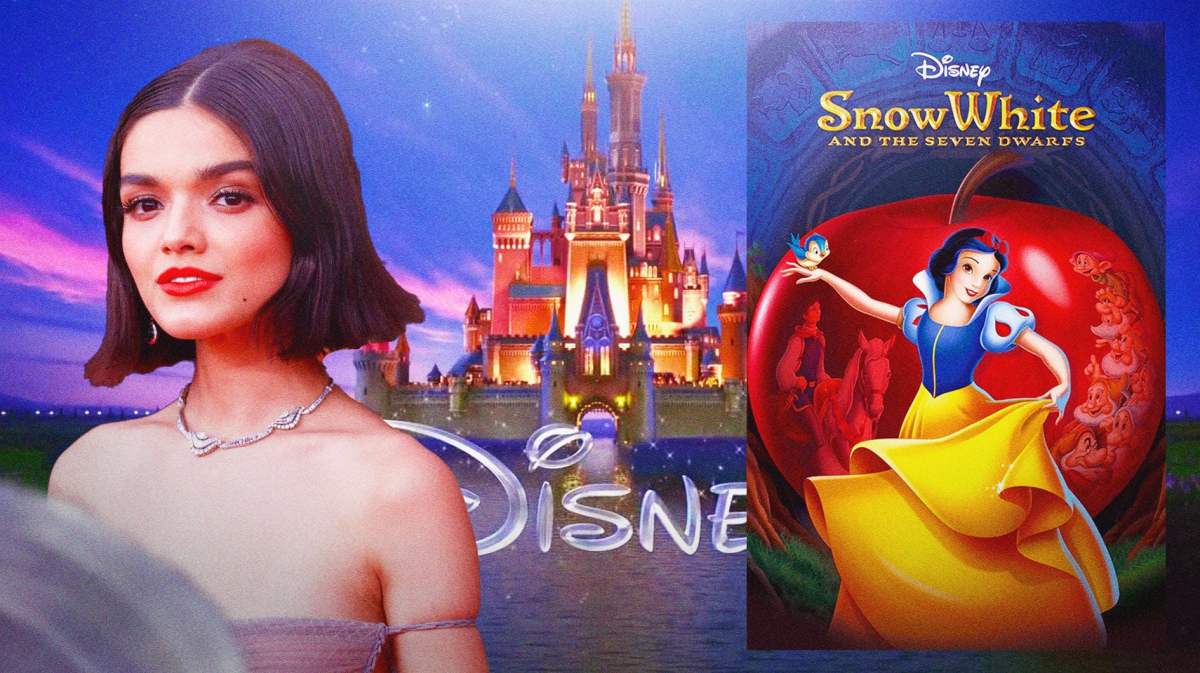 Rachel Zegler and the Snow White poster in front of the Disney logo and castle.