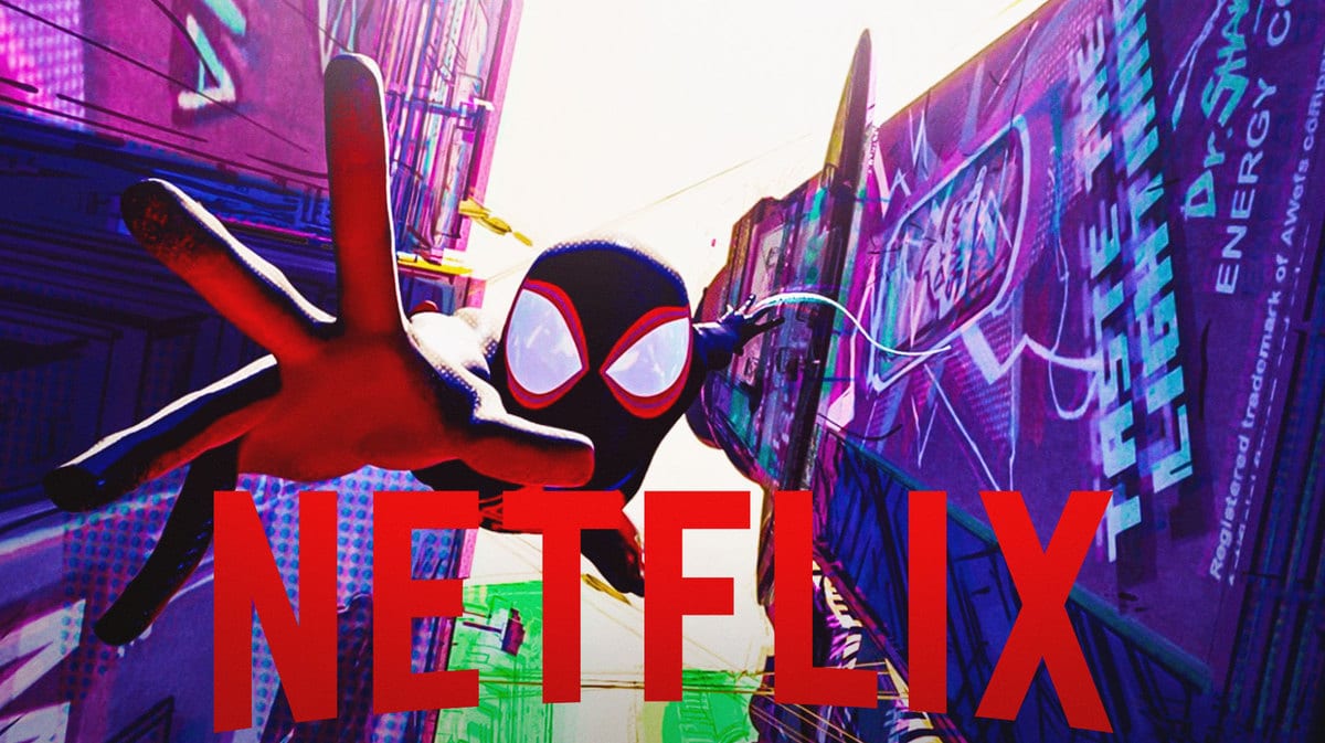 Spider-Man swinging towards a Netflix sign.