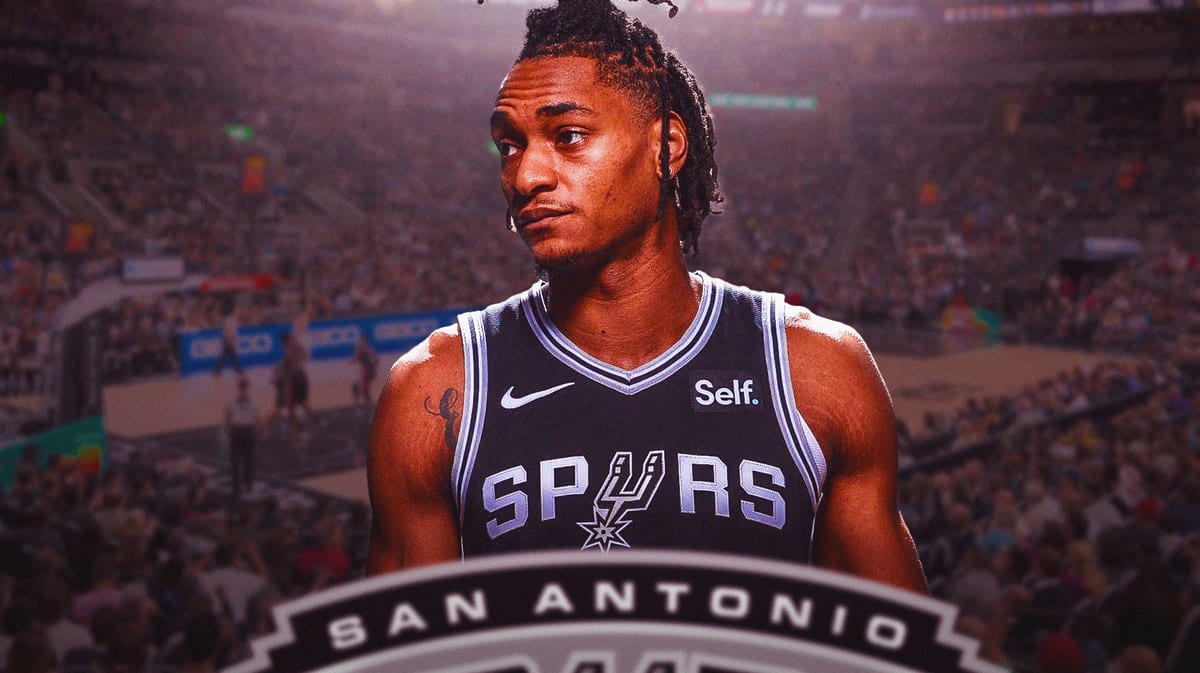 San Antonio Spurs guard Devin Vassell in the front of Frost Bank Center.