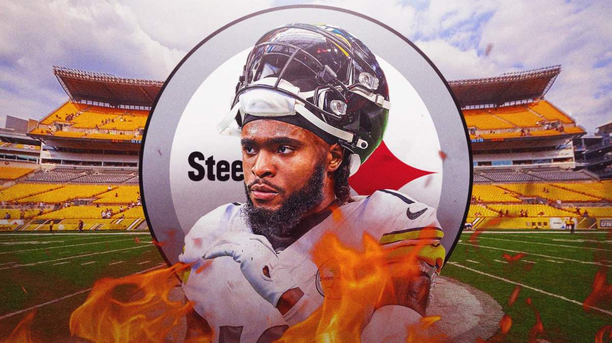 Diontae Johnson in middle of image looking happy with fire around him, PIT Steelers logo, football field