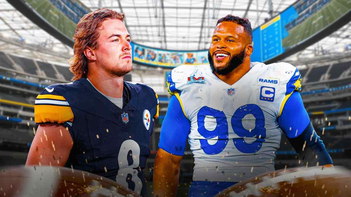 Steelers, Rams, Kenny Pickett, Aaron Donald, Pittsburgh, Kenny Pickett in Steelers uni with Aaron Donald in Rams uni, Rams stadium in the background