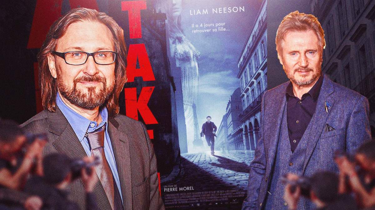 Pierre Morel and Liam Neeson in front of Taken poster.