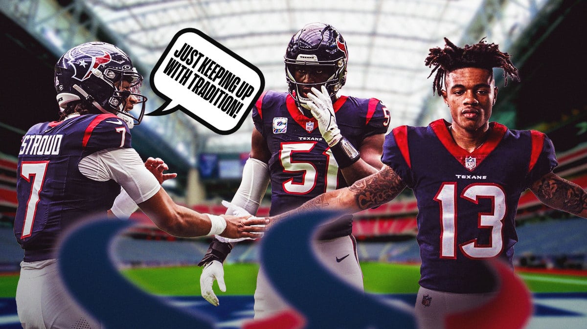 Houston Texans QB CJ Stroud shaking hands with his teammates Will Anderson, Jr. and Tank Dell.