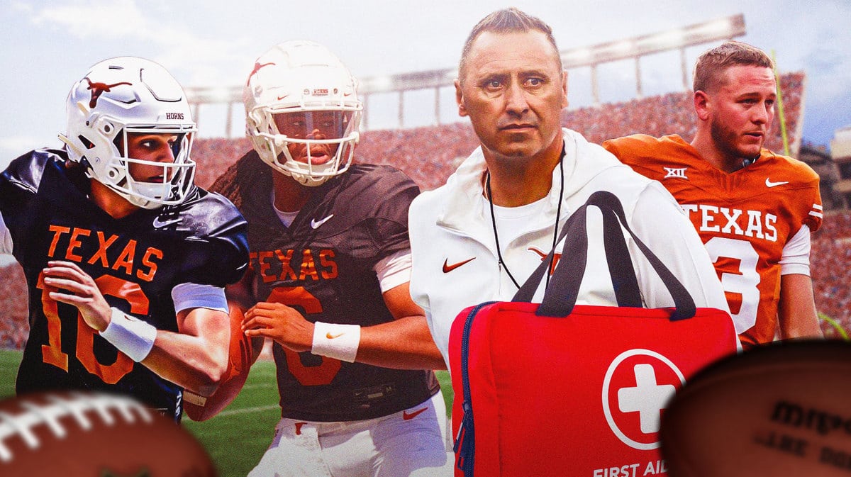 Steve Sarkisian. Quinn Ewers with a first aid kit. Maalik Murphy and Arch Manning in Texas football uniforms.