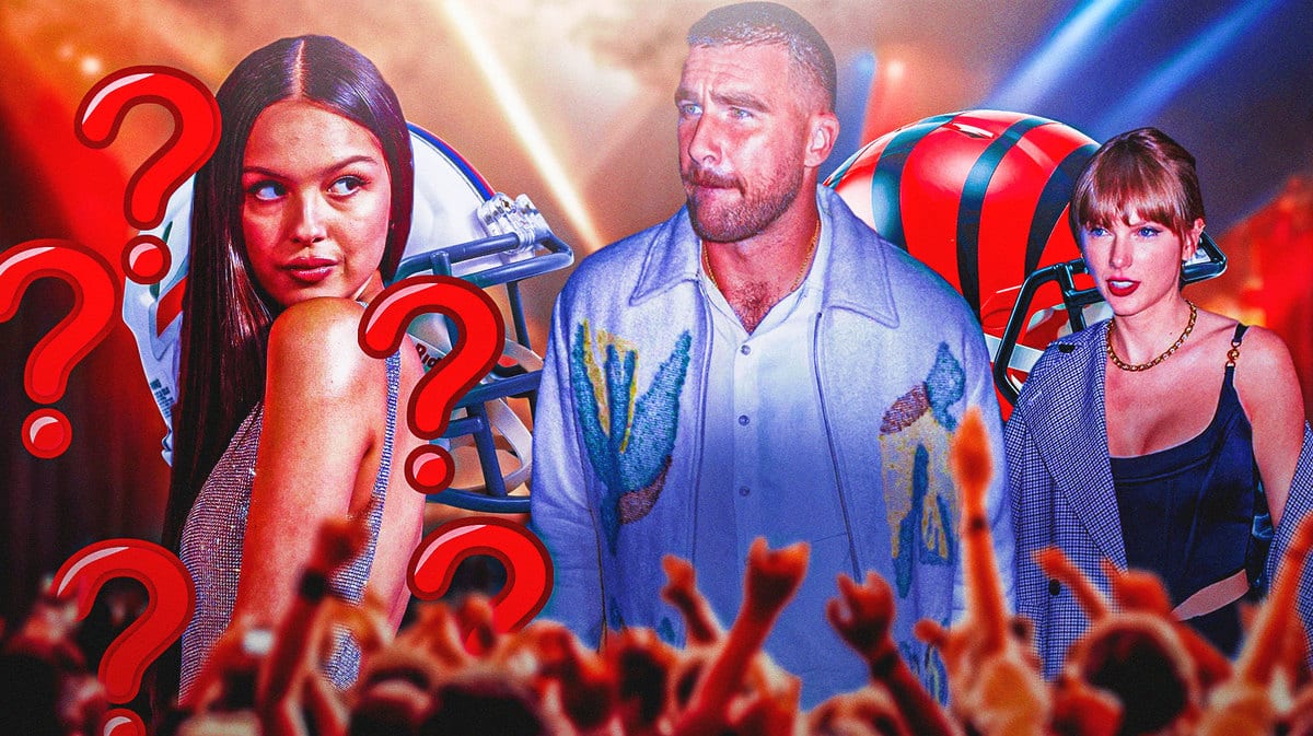Travis Kelce, Taylor Swift and Olivia Rodrigo in front of helmets for the Buffalo Bills and Cincinnati Bengals with question marks hovering around