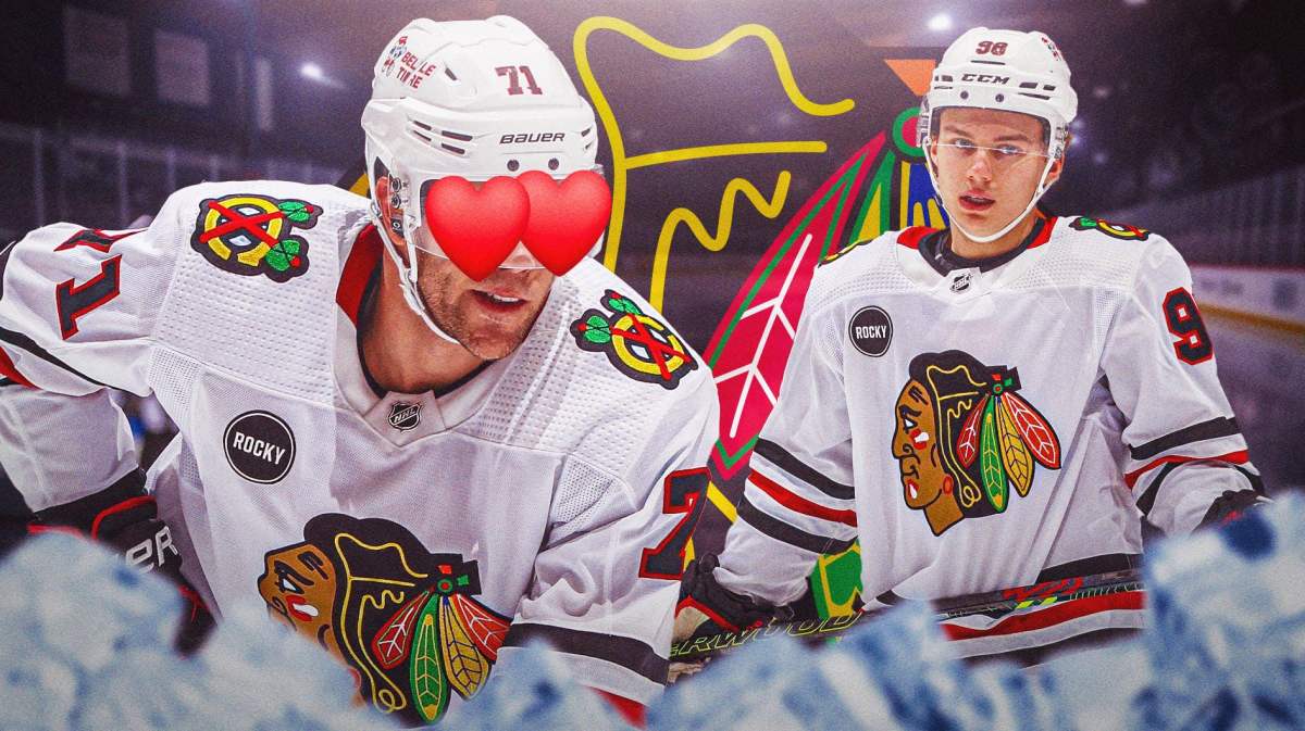 Taylor Hall with heart eyes looking at Connor Bedard.