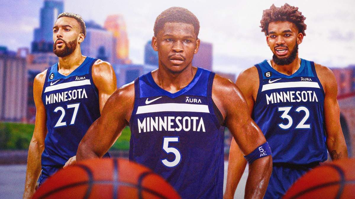 Minnesota Big 3 Rudy Gobert Karl-Anthony Towns Anthony Edwards with Minnesota city behind them