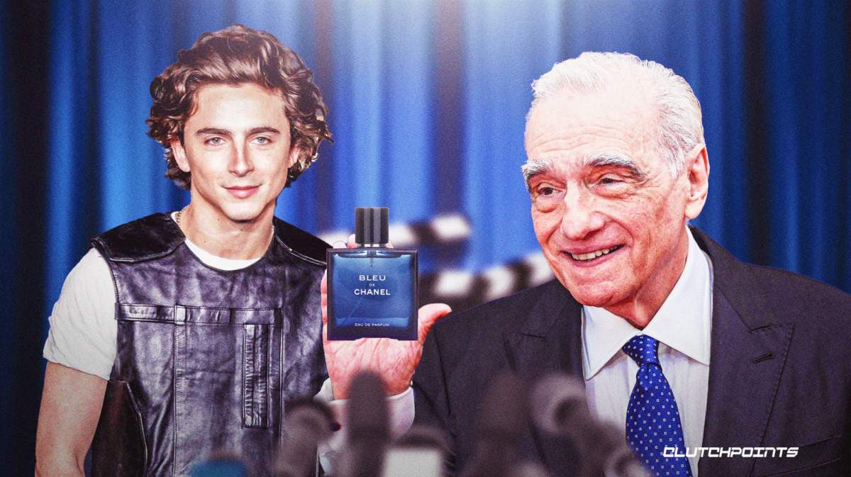 Timothée Chalamet and Martin Scorsese hold a bottle of Chanel.