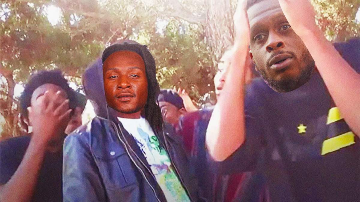 DeAndre Hopkins of the Titans as the guy in a hoodie, Geno Smith of the Seahawks as tehe guy on the right with hands on his face