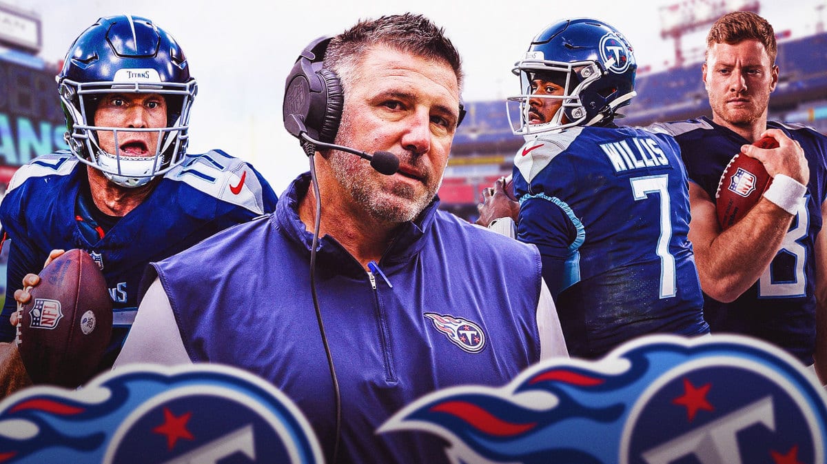 Mike Vrabel in the middle with Ryan Tannehill, Malik Willis and Will Levis behind him, all in Titans jerseys