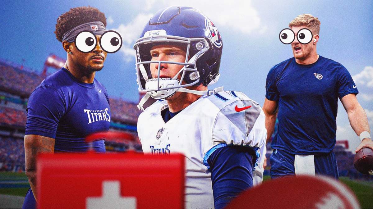 Titans quarterback Ryan Tannehill with an injury kit in front of him as Malik Willis and Will Levis prepare to compete for the starting job