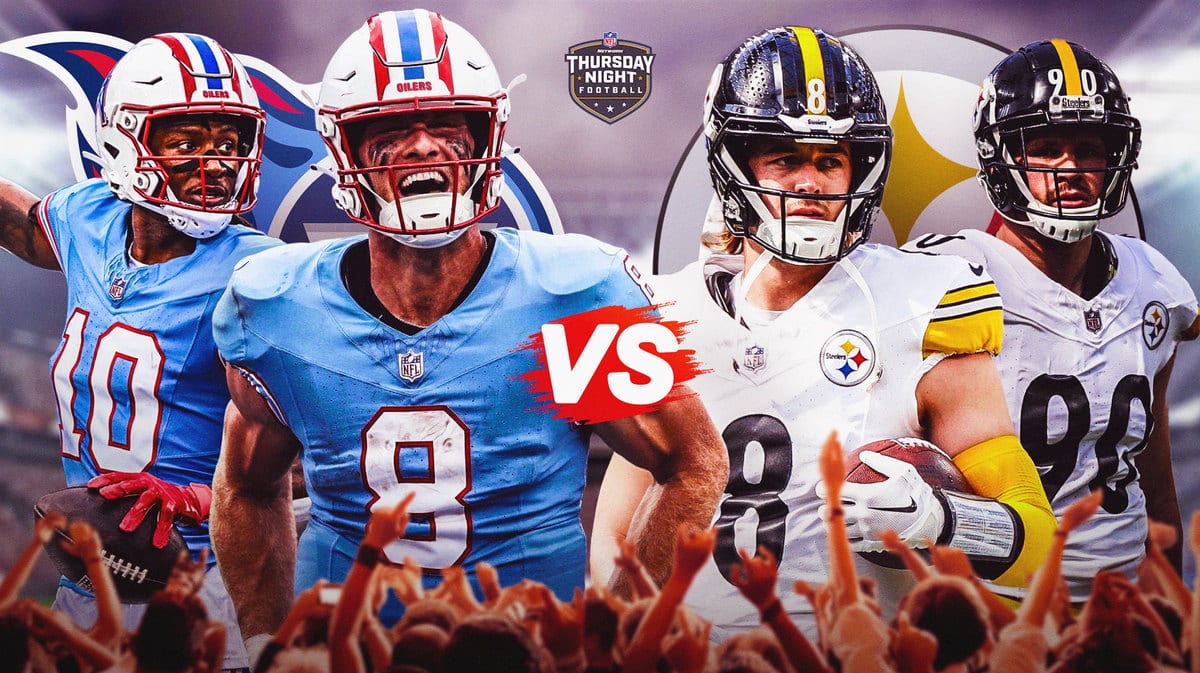 Will Levis, DeAndre hopkins, Titans logo vs. Kenny Pickett, T.J. Watt, Steelers logo. Thursday Night Football logo in background.