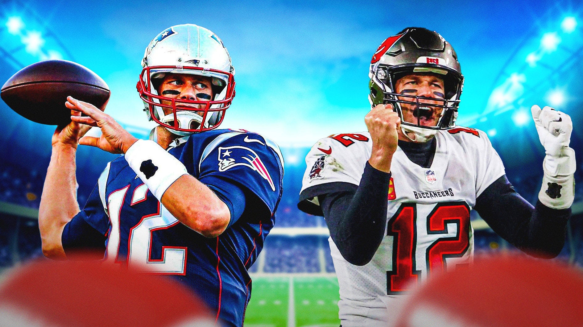 Tom Brady playing for the Patriots and the Buccaneers.